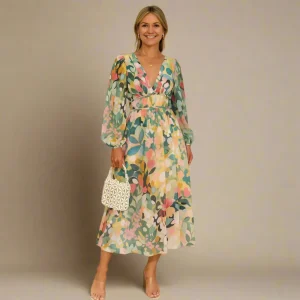Bloemige Maxi Zondagjurk | Lange Mouwen | V-Hals | Maxi Zondagjurk | Zomerjurk