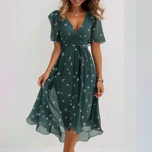 Midi-jurk - Groen - Korte Mouwen - Jurk met V-hals - Elegante Jurk