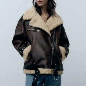 Winterleren Jas - Oversized sherpa fleece leren motorjas voor dames