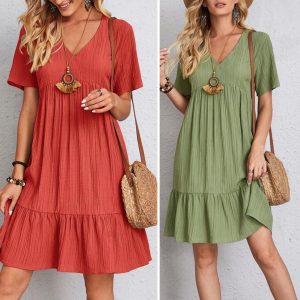 Zomerjurk | Korte Mouw | Los Fit | Geplooide Jurk | Knielengte Jurk