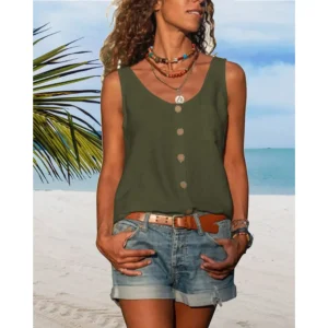 Zomertop | Losse pasvorm | Knoopsluiting aan de voorkant | Mouwloze top | Damestop