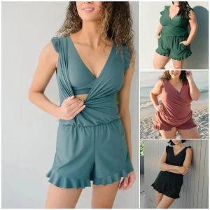 Zwem Romper - V-hals - Ruches - Zwem Playsuit - Dames Zwemmode